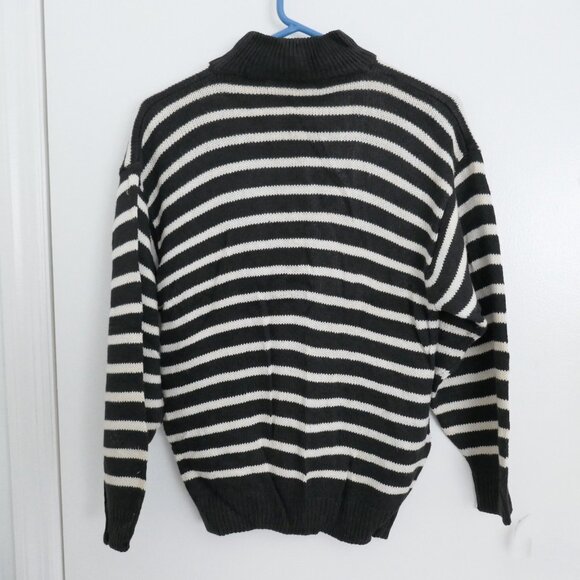 vintage 80s charcoal gray white stripe mock neck drop shoulder cardigan sweater - Picture 2 of 5